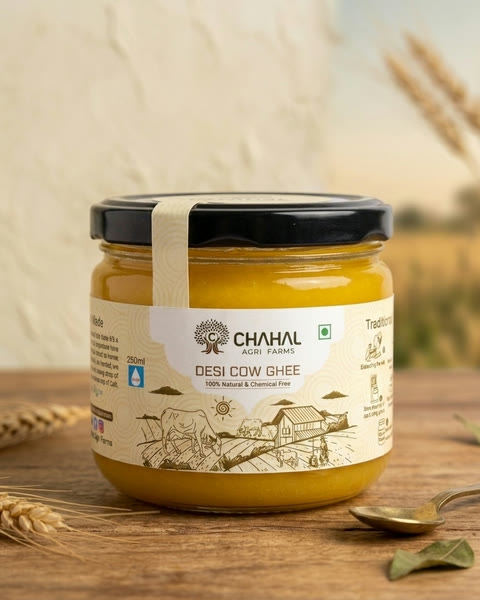 A 250 ml jar of Chahal Agri Farms desi cow ghee, the centrepiece of the Havan Samagri Box