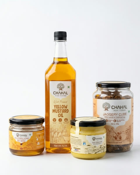 The Chahal Agri Farms pure pantry starter box with ghee, oil, honey and jaggery