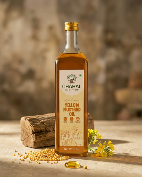A bottle of wood-pressed yellow mustard oil from Chahal Agri Farms